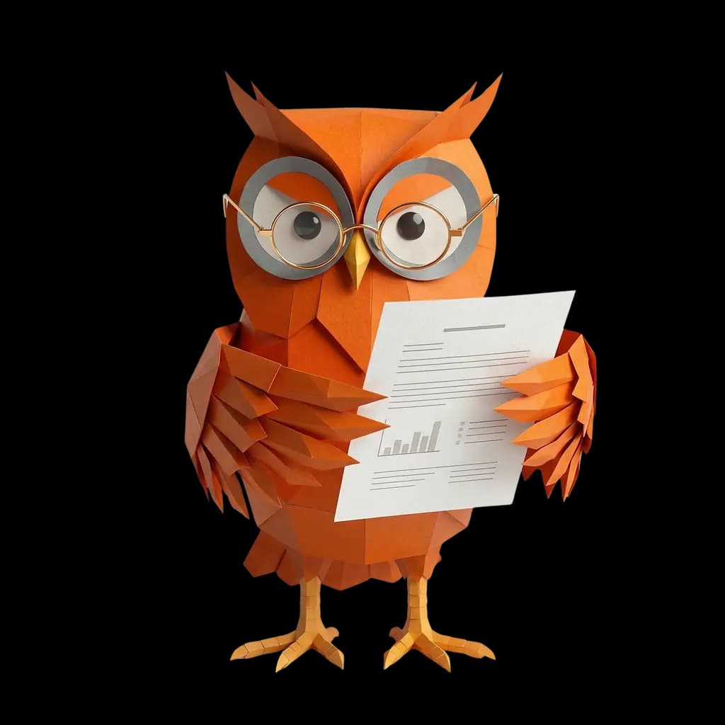 Oranje Uil mascotte leest een document