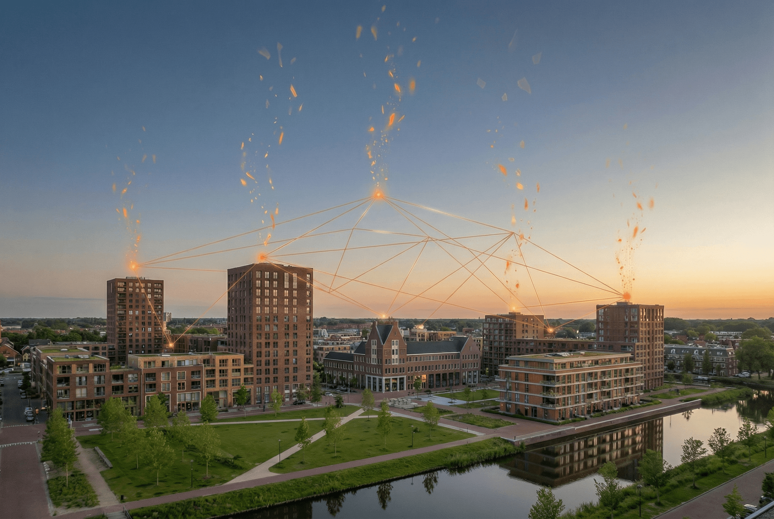 Nederlandse woonwijk met data-overlay die verbindingen toont